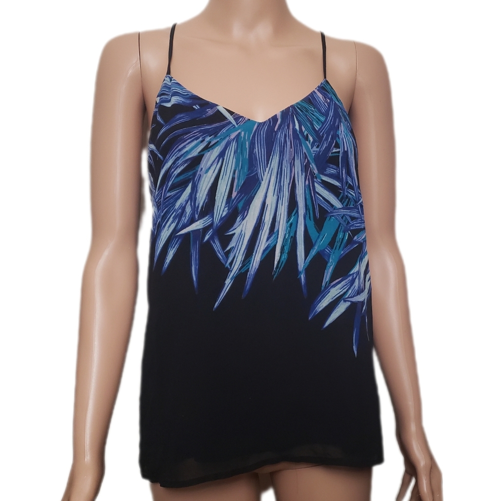 Black Tape Black and Blue Tropical Design Slit Back Tank Top- Sz S
